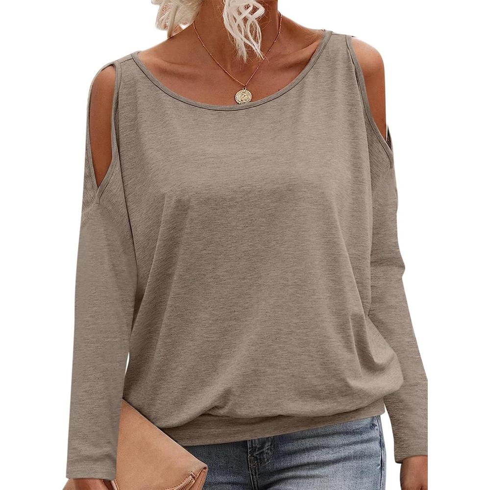 imageWomens Cold Shoulder Tops Banded Bottom Long Sleeve Shirts Boat Neck Fall Sexy Casual Outfits 2025Khaki