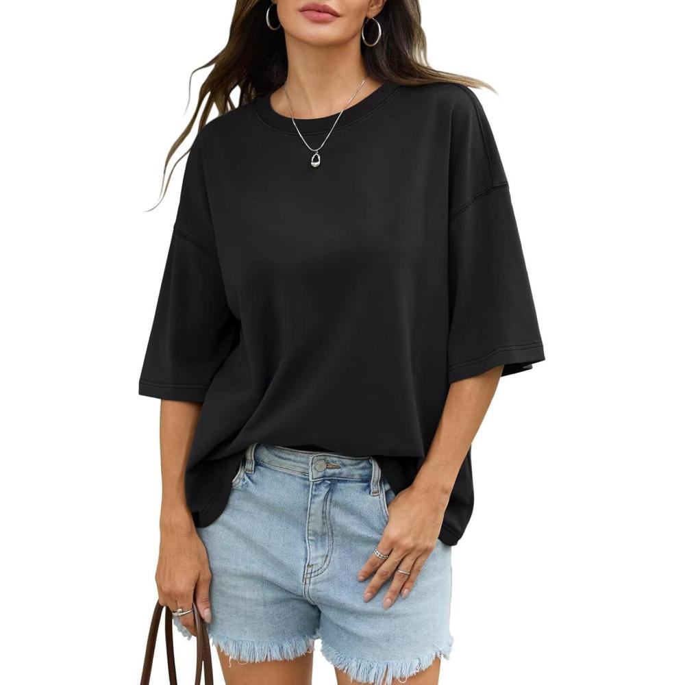 imageWomens Cotton Oversized T Shirts Drop Shoulder Half Sleeve Boxy Tops Crewneck Loose Fit Short Sleeves Tee 2026Black