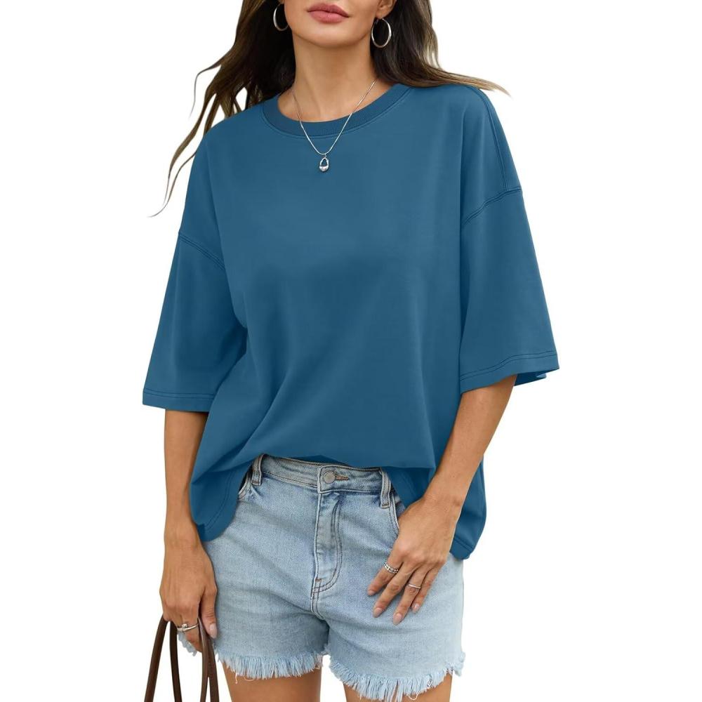 imageWomens Cotton Oversized T Shirts Drop Shoulder Half Sleeve Boxy Tops Crewneck Loose Fit Short Sleeves Tee 2026Blue