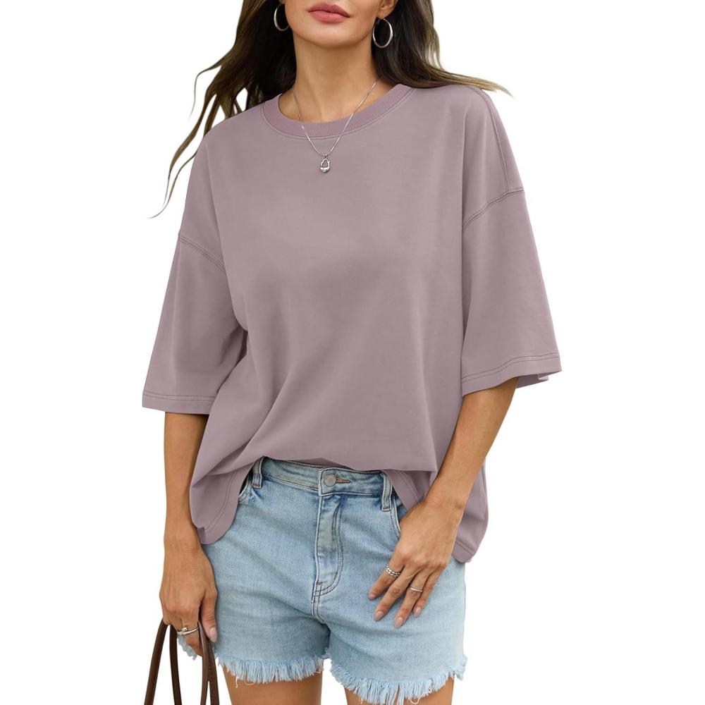 imageWomens Cotton Oversized T Shirts Drop Shoulder Half Sleeve Boxy Tops Crewneck Loose Fit Short Sleeves Tee 2026Purple