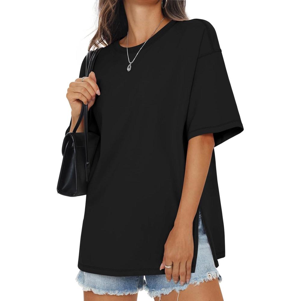 imageWomens Cotton Oversized T Shirts Side Slit Tops Loose Fit Tee Crewneck Short Sleeve Summer Clothes 2026Black