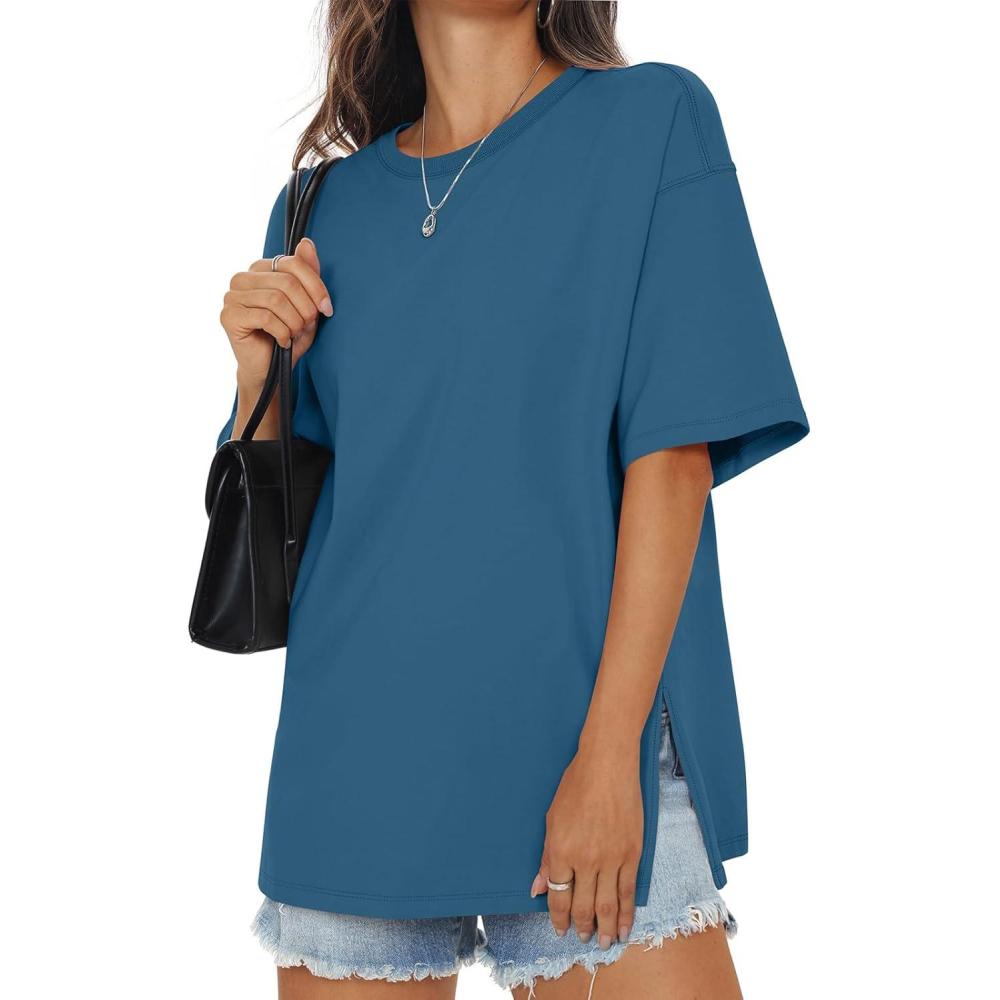 imageWomens Cotton Oversized T Shirts Side Slit Tops Loose Fit Tee Crewneck Short Sleeve Summer Clothes 2026Blue
