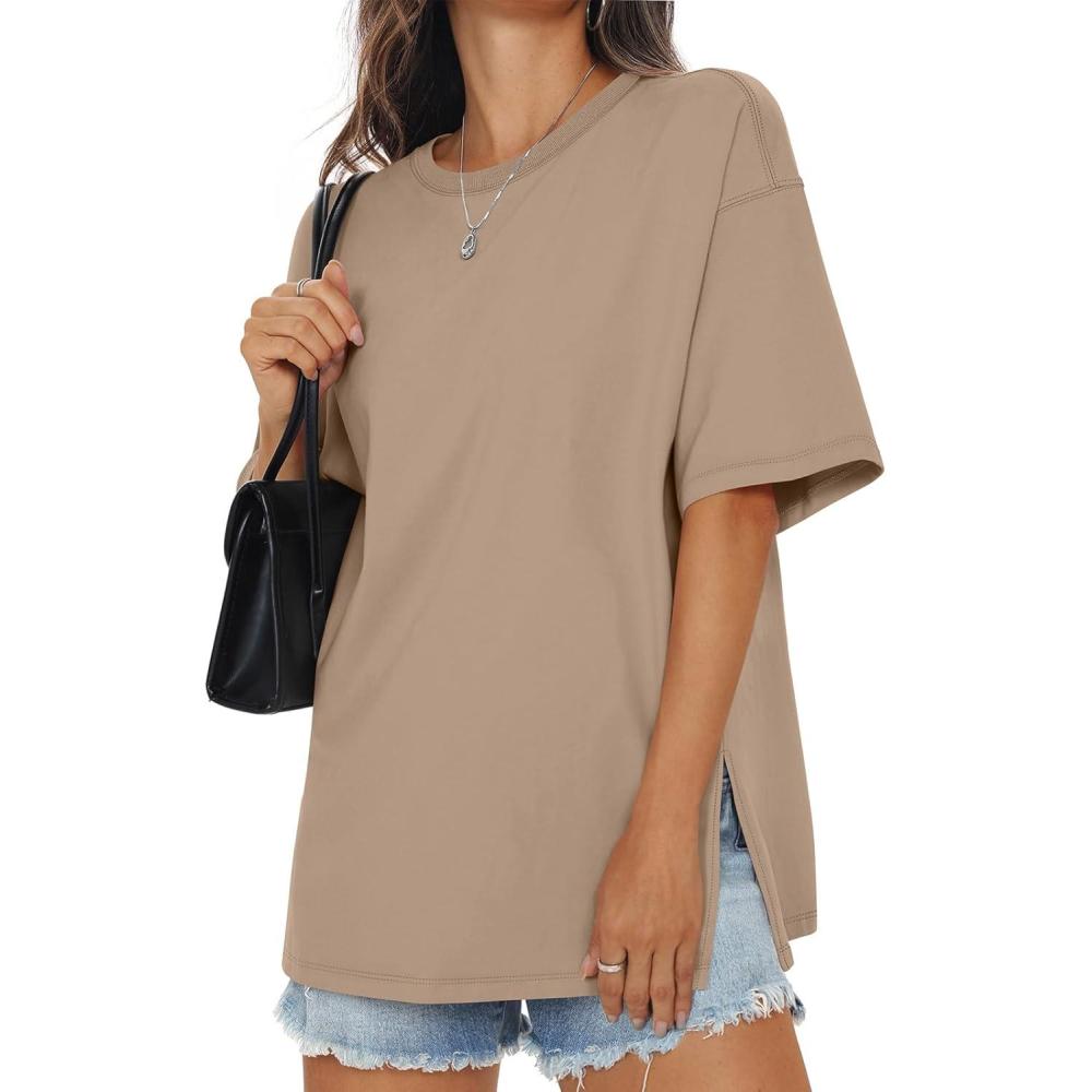 imageWomens Cotton Oversized T Shirts Side Slit Tops Loose Fit Tee Crewneck Short Sleeve Summer Clothes 2026Khaki