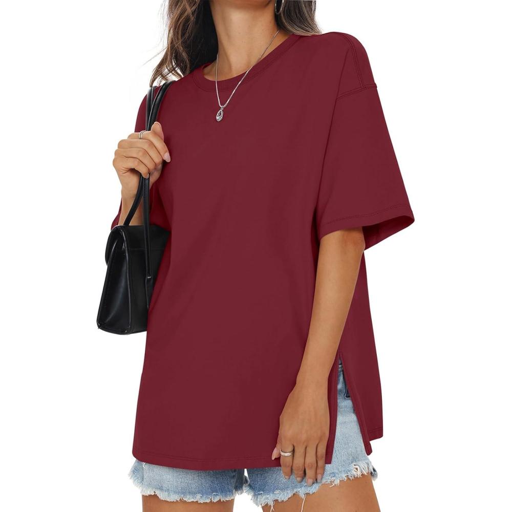 imageWomens Cotton Oversized T Shirts Side Slit Tops Loose Fit Tee Crewneck Short Sleeve Summer Clothes 2026Wine Red