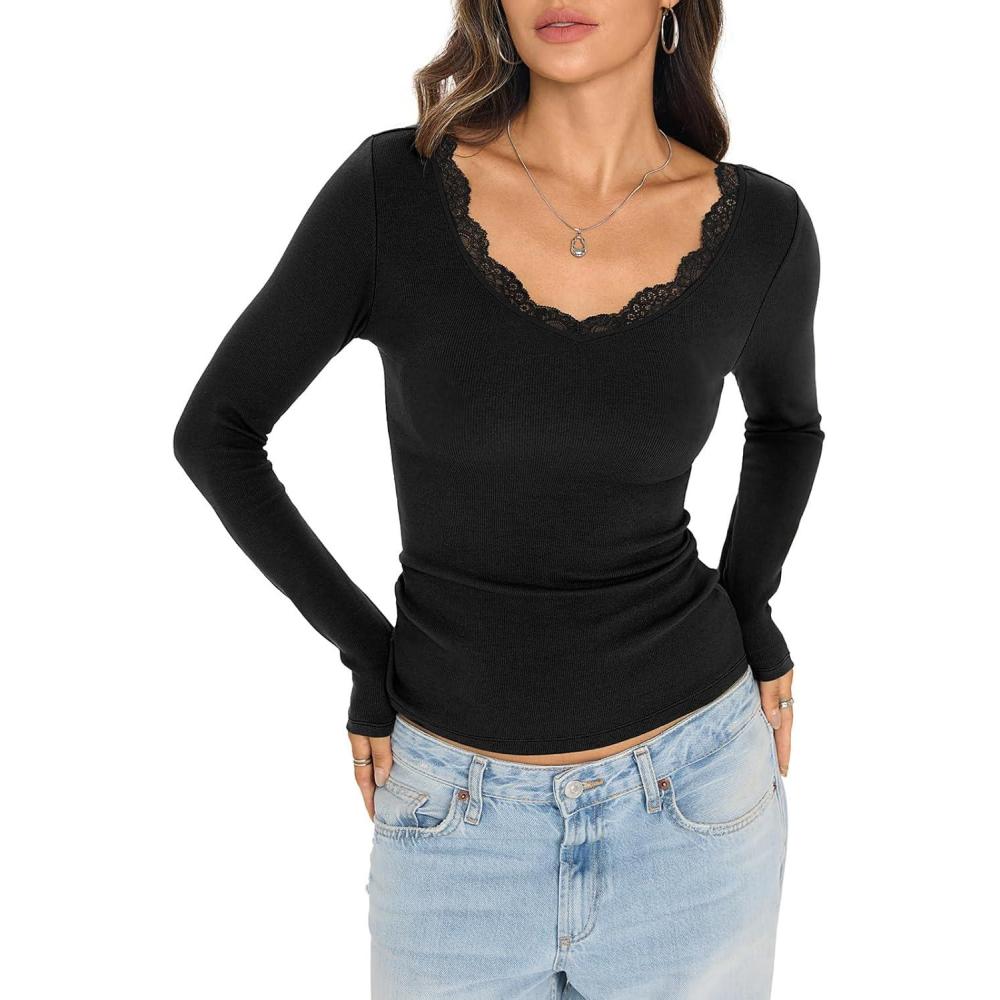 imageWomens Cotton Ribbed Long Sleeve Shirts Lace V Neck T Shirts Fitted Sexy Going Out Tops Casual Fall OutfitsBlack