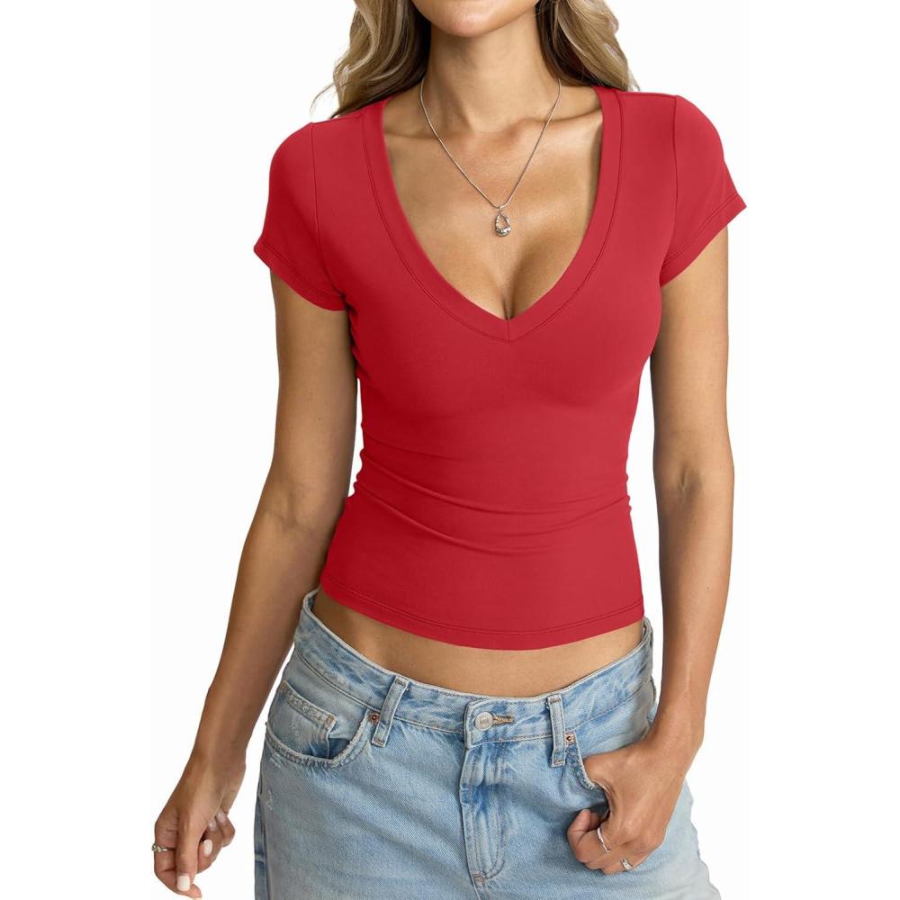 imageWomens Deep V Neck Short Sleeve Shirts Sexy Slim Fit Crop Tops Basic Tees Going Out Summer OutfitsRed
