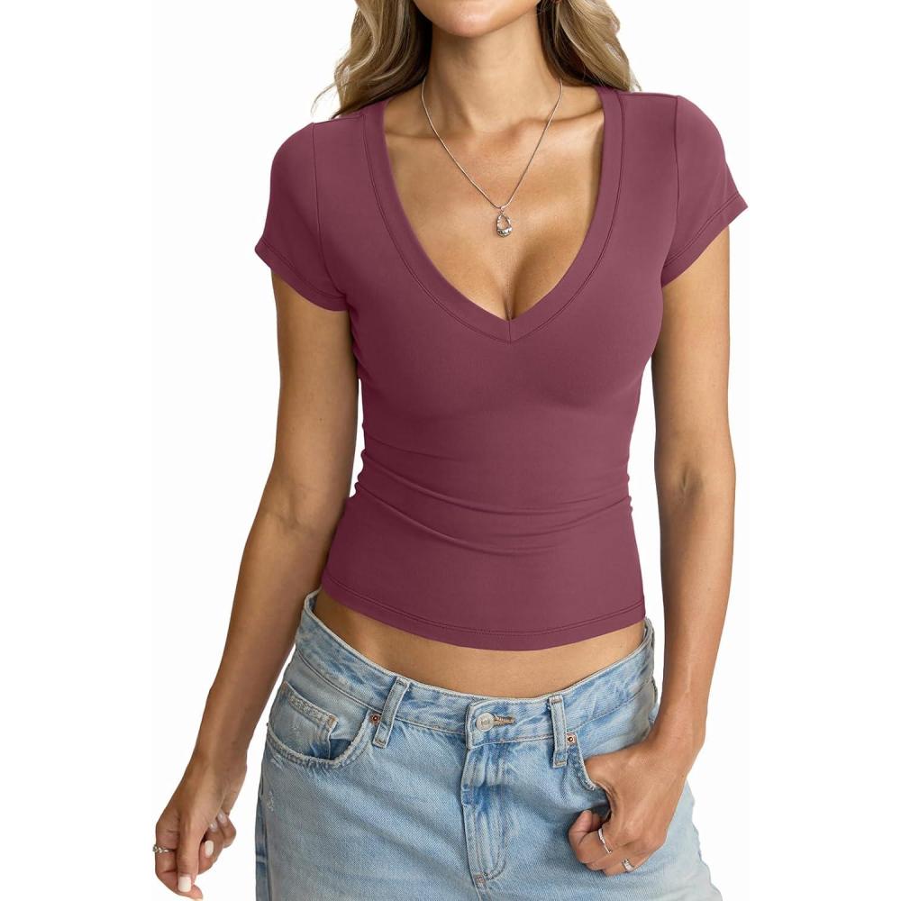 imageWomens Deep V Neck Short Sleeve Shirts Sexy Slim Fit Crop Tops Basic Tees Going Out Summer OutfitsWine Red