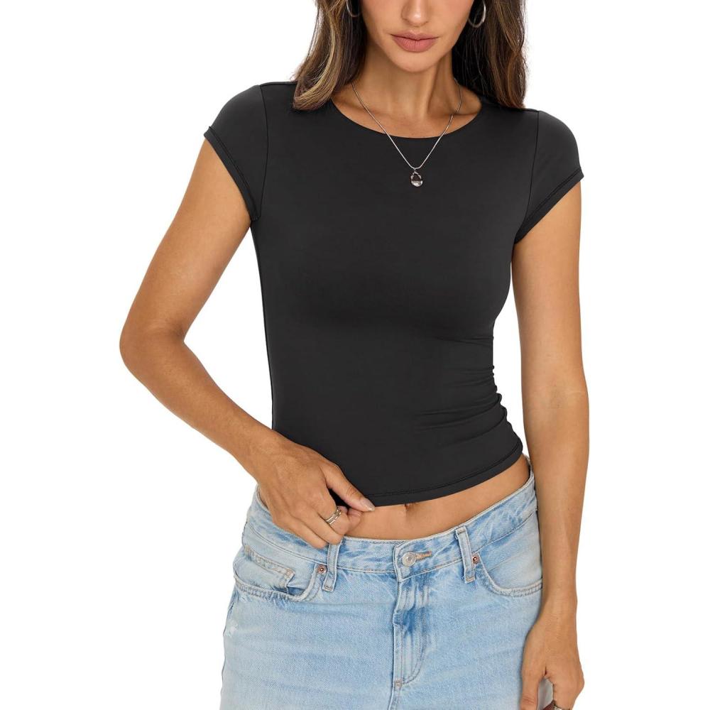 imageWomens Double Lined Tops Cropped Cap Sleeve Shirts Crew Neck Fitted Going Out Tees Y2k Summer Clothes 2026Black