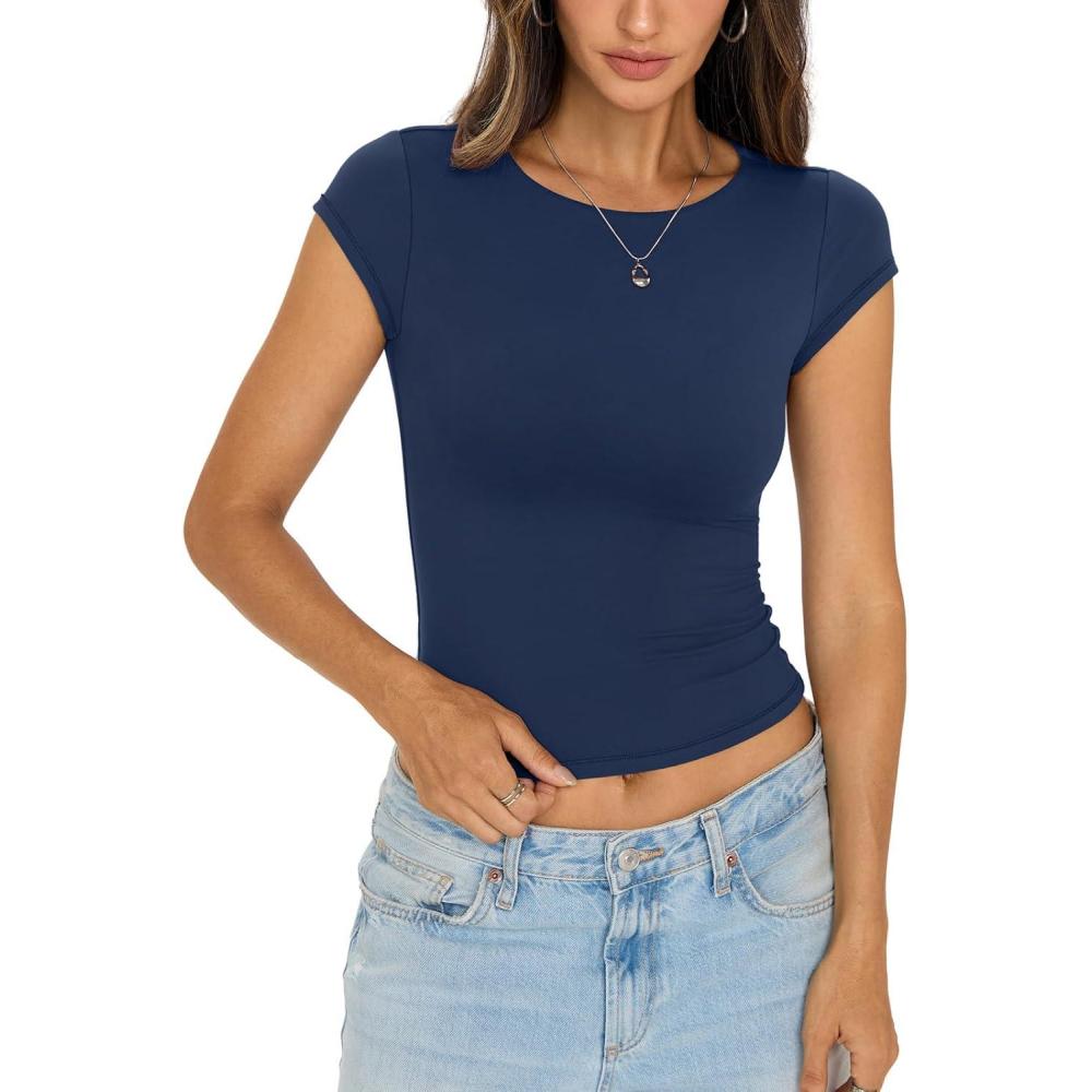 imageWomens Double Lined Tops Cropped Cap Sleeve Shirts Crew Neck Fitted Going Out Tees Y2k Summer Clothes 2026Navy Blue