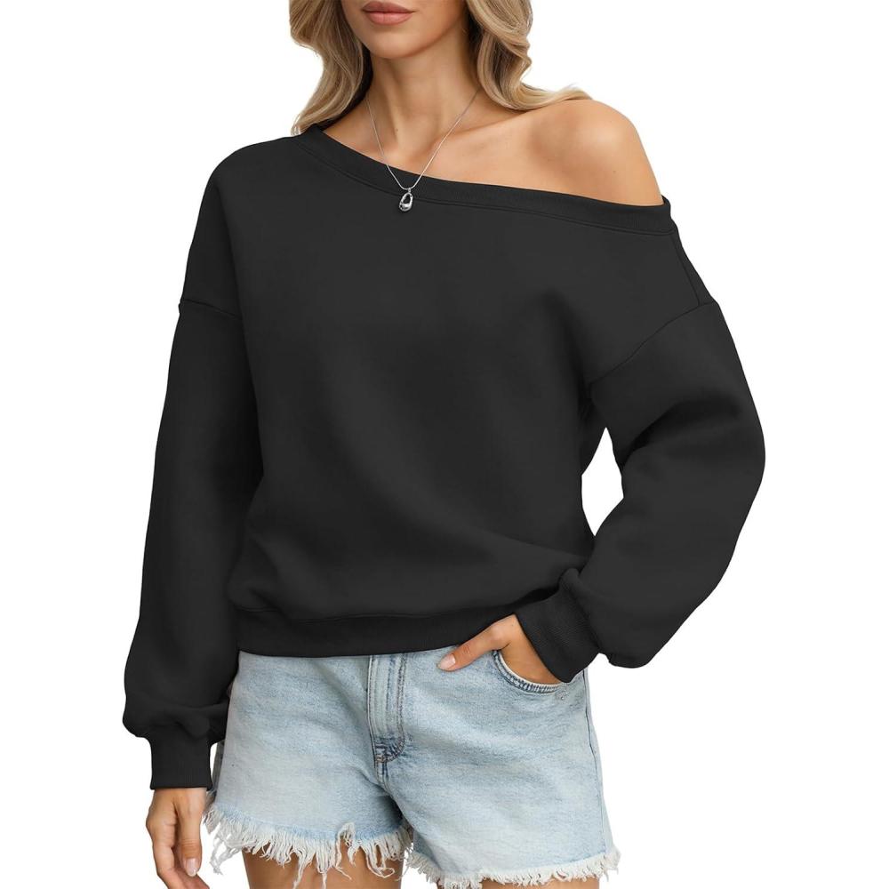 imageWomens Fleece Sweatshirts Oversized Off The Shoulder Pullover Tops Casual Long Sleeve Comfy Fall Outfits 2026Black