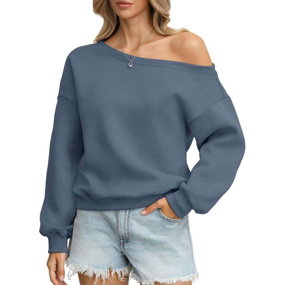 imageWomens Fleece Sweatshirts Oversized Off The Shoulder Pullover Tops Casual Long Sleeve Comfy Fall Outfits 2026Dusty Blue