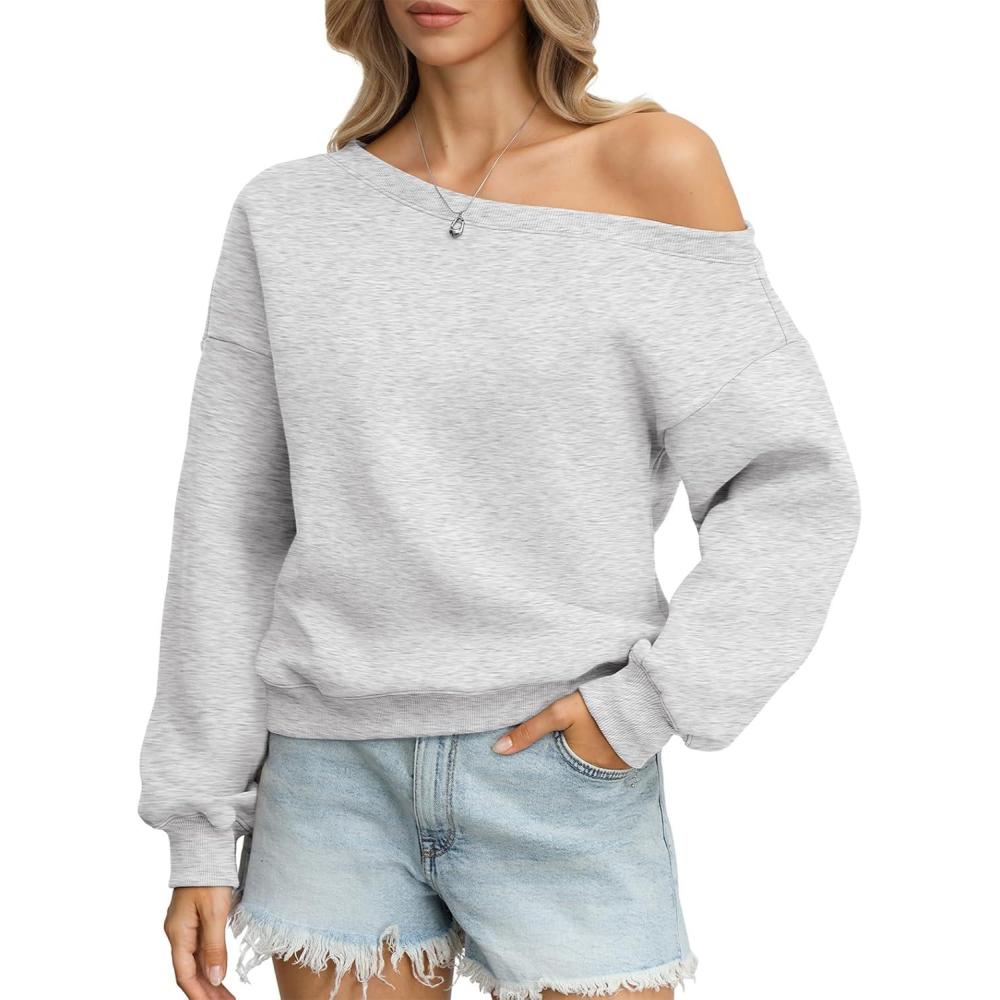 imageWomens Fleece Sweatshirts Oversized Off The Shoulder Pullover Tops Casual Long Sleeve Comfy Fall Outfits 2026Gray