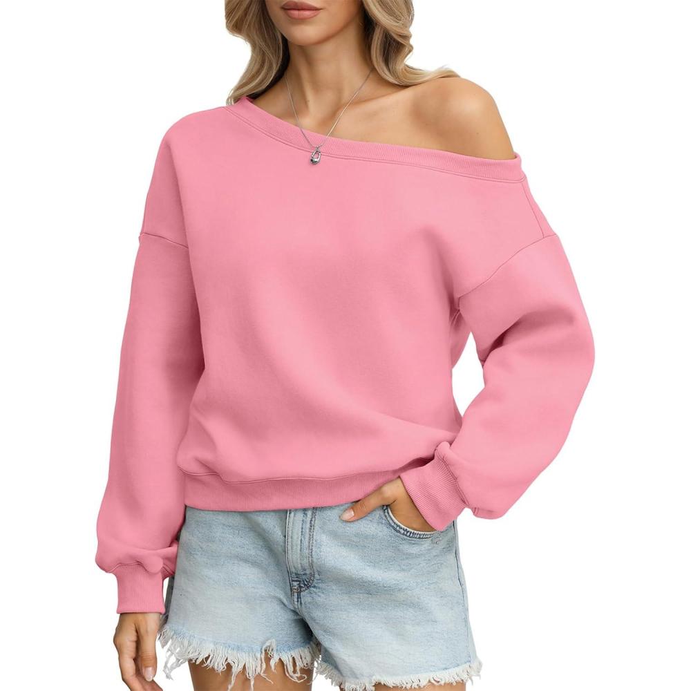 imageWomens Fleece Sweatshirts Oversized Off The Shoulder Pullover Tops Casual Long Sleeve Comfy Fall Outfits 2026Pink