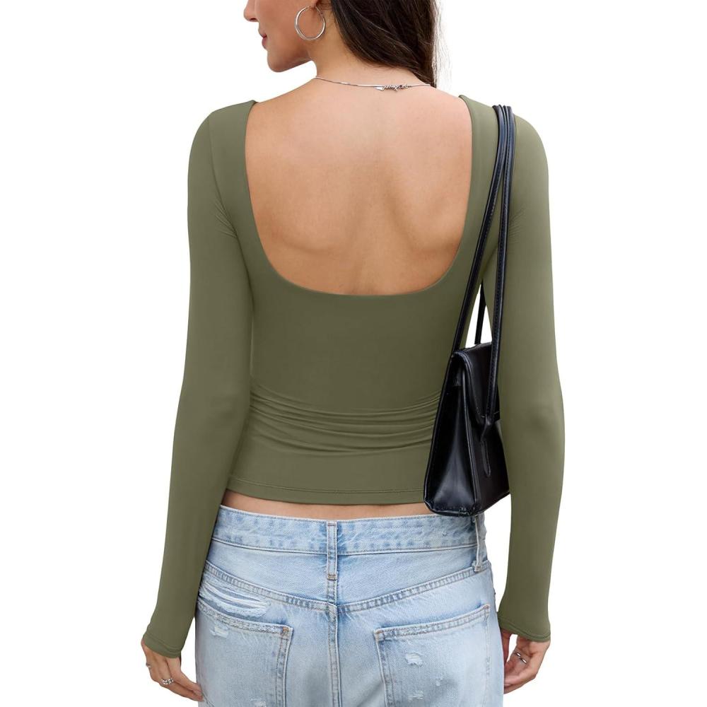 imageWomens Open Back Double Lined Top Long Sleeve Y2K Going Out Top Sexy Backless Boat Neck Shirt Spring Fall TeeArmy Green