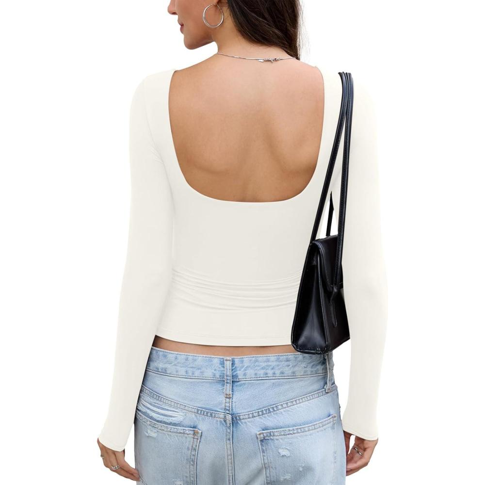 imageWomens Open Back Double Lined Top Long Sleeve Y2K Going Out Top Sexy Backless Boat Neck Shirt Spring Fall TeeCream White