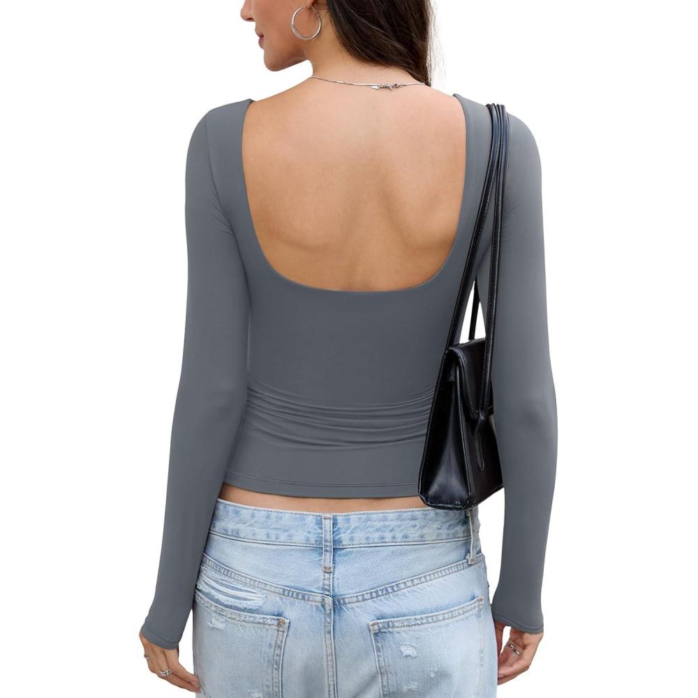 imageWomens Open Back Double Lined Top Long Sleeve Y2K Going Out Top Sexy Backless Boat Neck Shirt Spring Fall TeeGray