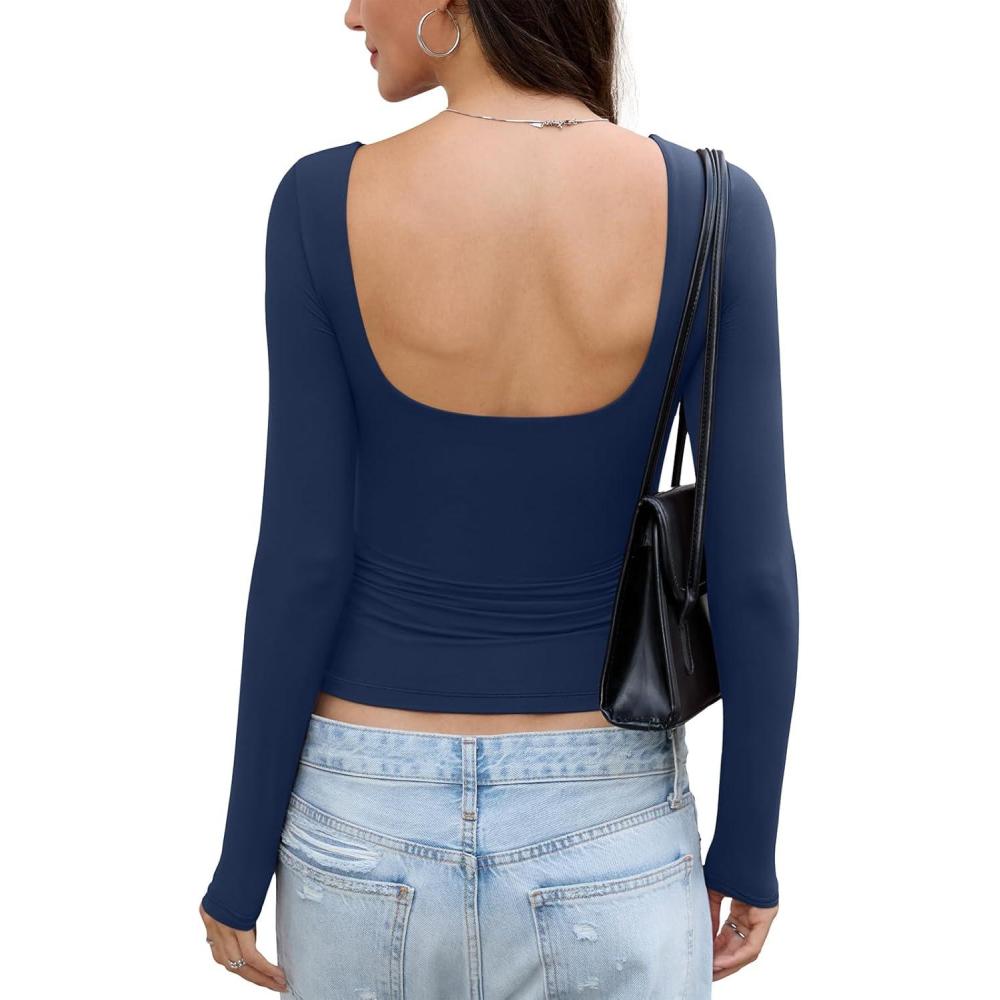 imageWomens Open Back Double Lined Top Long Sleeve Y2K Going Out Top Sexy Backless Boat Neck Shirt Spring Fall TeeNavy Blue