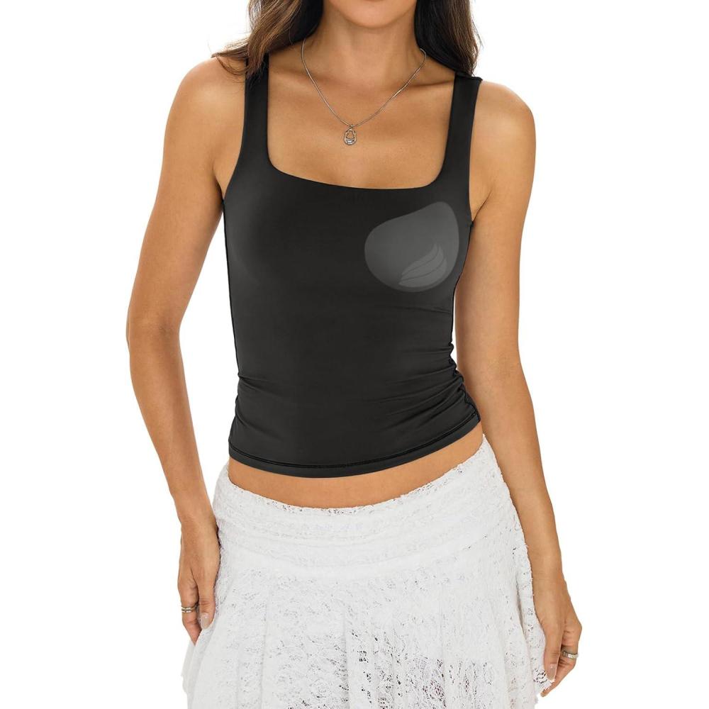 imageWomens Padded Double Lined Tank Tops Square Neck Built in Bra Crop Tops Low Back Fitted Sleeveless Summer OutfitsBlack
