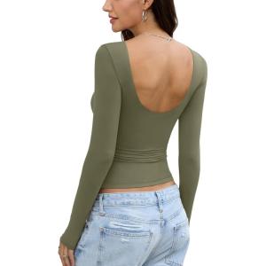 Womens Backless Double Lined Top Long Sleeve Y2K Going Out Top Sexy Open Back Boat Neck Shirt Slim Fit Spring Fall Tee(Army Green)