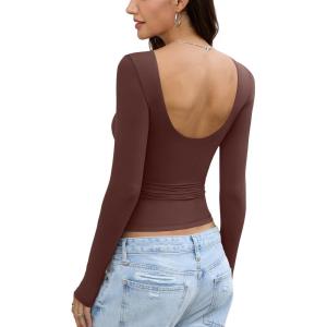 Womens Backless Double Lined Top Long Sleeve Y2K Going Out Top Sexy Open Back Boat Neck Shirt Slim Fit Spring Fall Tee(Brown)