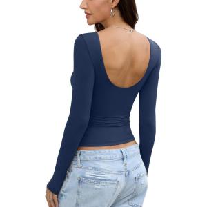 Womens Backless Double Lined Top Long Sleeve Y2K Going Out Top Sexy Open Back Boat Neck Shirt Slim Fit Spring Fall Tee(Navy Blue)