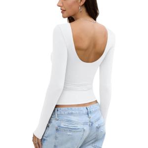Womens Backless Double Lined Top Long Sleeve Y2K Going Out Top Sexy Open Back Boat Neck Shirt Slim Fit Spring Fall Tee(White)