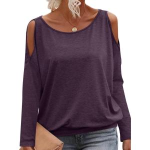 Womens Cold Shoulder Tops Banded Bottom Long Sleeve Shirts Boat Neck Fall Sexy Casual Outfits 2025(Deep Purple)