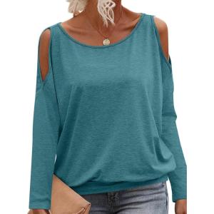 Womens Cold Shoulder Tops Banded Bottom Long Sleeve Shirts Boat Neck Fall Sexy Casual Outfits 2025(Teal Blue)