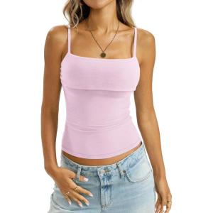 Womens Cotton Foldover Tank Tops Sexy Square Neck Spaghetti Strap Camisole Fitted Y2K Going Out Shirts 2026(Baby Pink)