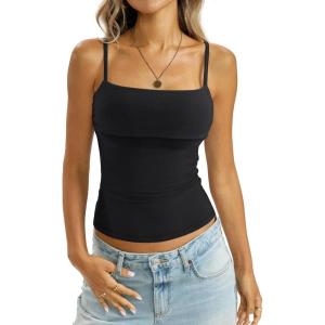 Womens Cotton Foldover Tank Tops Sexy Square Neck Spaghetti Strap Camisole Fitted Y2K Going Out Shirts 2026(True Black)