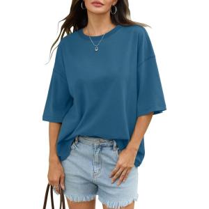 Womens Cotton Oversized T Shirts Drop Shoulder Half Sleeve Boxy Tops Crewneck Loose Fit Short Sleeves Tee 2026(Blue)