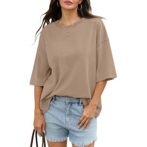 Womens Cotton Oversized T Shirts Drop Shoulder Half Sleeve Boxy Tops Crewneck Loose Fit Short Sleeves Tee 2026(Khaki)