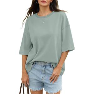 Womens Cotton Oversized T Shirts Drop Shoulder Half Sleeve Boxy Tops Crewneck Loose Fit Short Sleeves Tee 2026(Light Green)