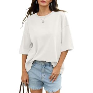 Womens Cotton Oversized T Shirts Drop Shoulder Half Sleeve Boxy Tops Crewneck Loose Fit Short Sleeves Tee 2026(White)