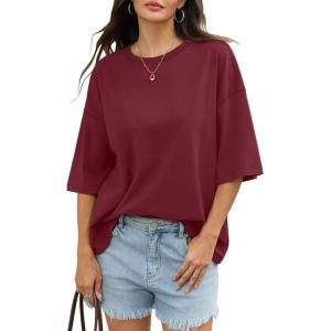 Womens Cotton Oversized T Shirts Drop Shoulder Half Sleeve Boxy Tops Crewneck Loose Fit Short Sleeves Tee 2026(Wine Red)