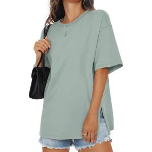 Womens Cotton Oversized T Shirts Side Slit Tops Loose Fit Tee Crewneck Short Sleeve Summer Clothes 2026(Light Green)