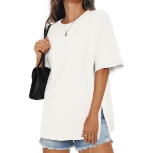 Womens Cotton Oversized T Shirts Side Slit Tops Loose Fit Tee Crewneck Short Sleeve Summer Clothes 2026(White)