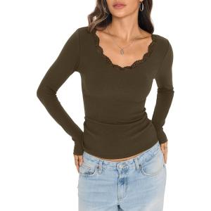 Womens Cotton Ribbed Long Sleeve Shirts Lace V Neck T Shirts Fitted Sexy Going Out Tops Casual Fall Outfits(Brown)