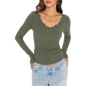 Womens Cotton Ribbed Long Sleeve Shirts Lace V Neck T Shirts Fitted Sexy Going Out Tops Casual Fall Outfits(Green)