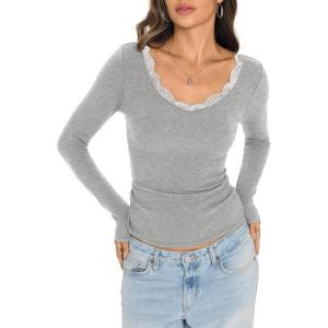 Womens Cotton Ribbed Long Sleeve Shirts Lace V Neck T Shirts Fitted Sexy Going Out Tops Casual Fall Outfits(Heather Grey)