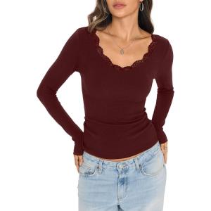 Womens Cotton Ribbed Long Sleeve Shirts Lace V Neck T Shirts Fitted Sexy Going Out Tops Casual Fall Outfits(Red Wine)