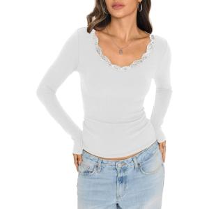 Womens Cotton Ribbed Long Sleeve Shirts Lace V Neck T Shirts Fitted Sexy Going Out Tops Casual Fall Outfits(White)