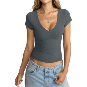 Womens Deep V Neck Short Sleeve Shirts Sexy Slim Fit Crop Tops Basic Tees Going Out Summer Outfits(Carbon Black)