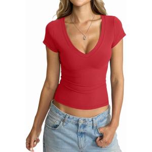 Womens Deep V Neck Short Sleeve Shirts Sexy Slim Fit Crop Tops Basic Tees Going Out Summer Outfits(Red)
