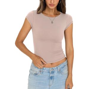 Womens Double Lined Tops Cropped Cap Sleeve Shirts Crew Neck Fitted Going Out Tees Y2k Summer Clothes 2026(Apricot)