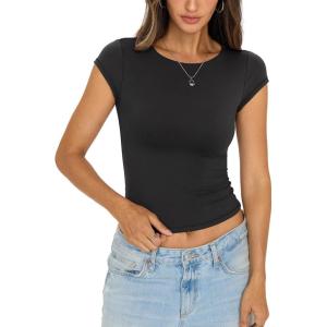 Womens Double Lined Tops Cropped Cap Sleeve Shirts Crew Neck Fitted Going Out Tees Y2k Summer Clothes 2026(Black)