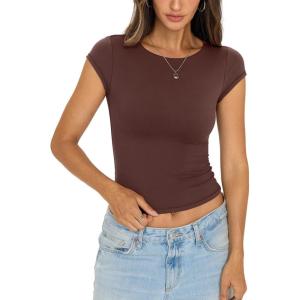 Womens Double Lined Tops Cropped Cap Sleeve Shirts Crew Neck Fitted Going Out Tees Y2k Summer Clothes 2026(Brown)