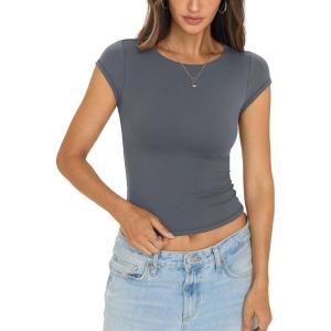 Womens Double Lined Tops Cropped Cap Sleeve Shirts Crew Neck Fitted Going Out Tees Y2k Summer Clothes 2026(Grey)