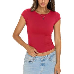 Womens Double Lined Tops Cropped Cap Sleeve Shirts Crew Neck Fitted Going Out Tees Y2k Summer Clothes 2026(Red)