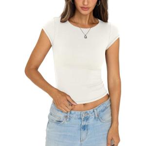 Womens Double Lined Tops Cropped Cap Sleeve Shirts Crew Neck Fitted Going Out Tees Y2k Summer Clothes 2026(White Cream)